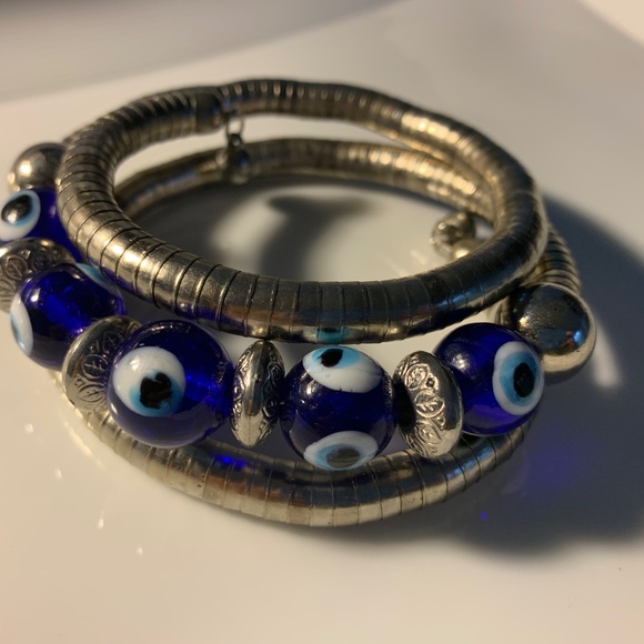 Silver Coil Evil Eye Bracelet/Choker – Blue Glass Beads, Wrap Style, Adjustable - Picture 4 of 9